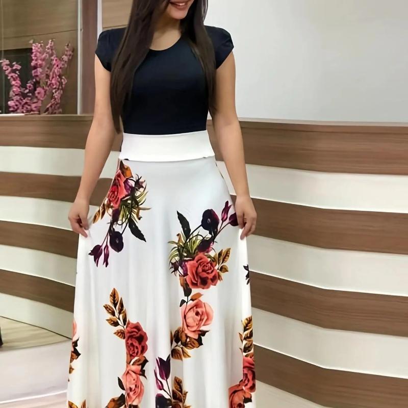2024 European and American style flower print color matching short sleeved dress for women's large swing skirt