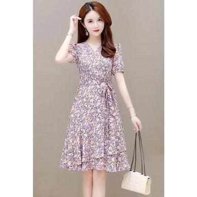 Women's Spring Summer Purple Floral V Neck Puff Sleeve Midi Dress