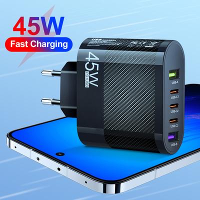 45W 5 portů 3PD+2USB Nabíječka mobilního telefonu USB A USB C Adaptér pro rychlé nabíjení Pro iPhone 15 Pro Samsung Přenosná nabíječka