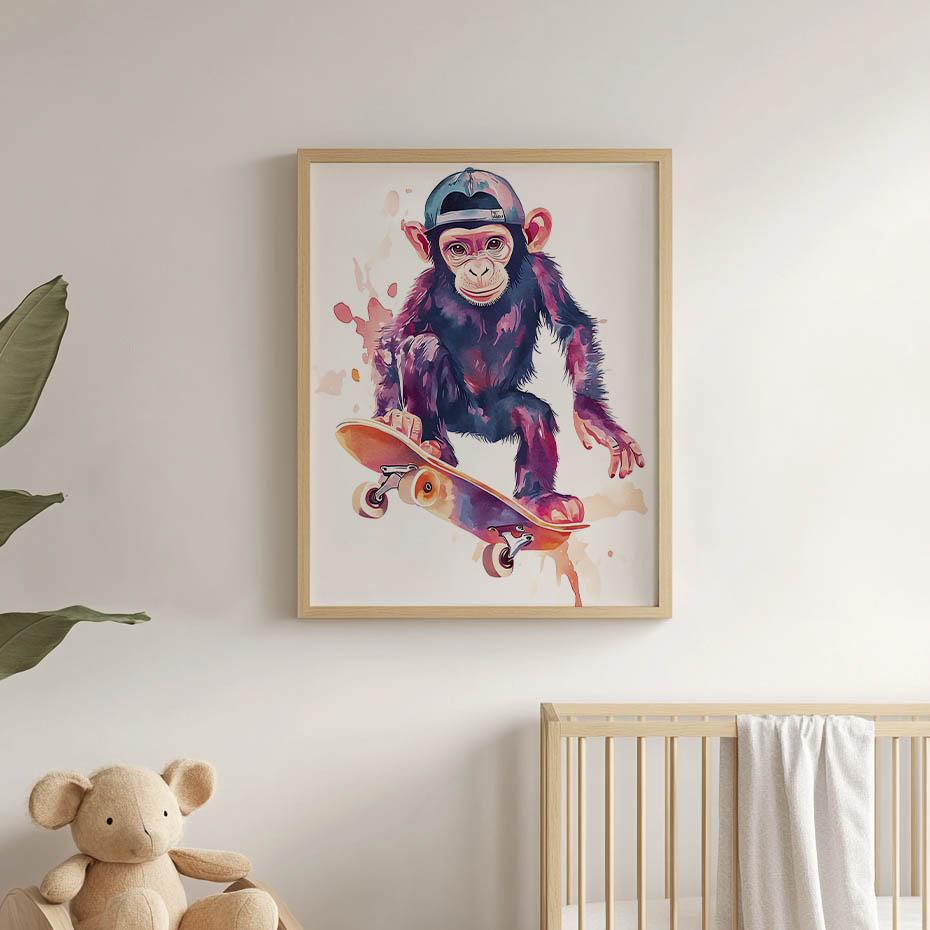 Plakat Małpi Skateboardzista Plakat Małpi Skateboardzista, 70X100 Cm, Rama Drewniana Jasny Dąb, Papier Matowy 230 Gsm