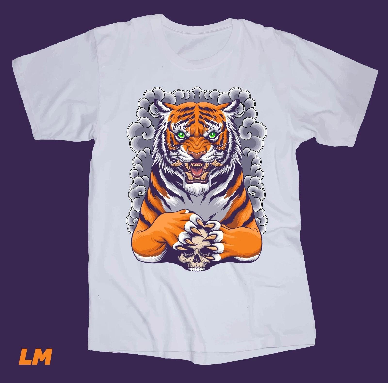 Tiger Traditional tattoo art white T-shirt Skull wildlife Jungle Tropical L