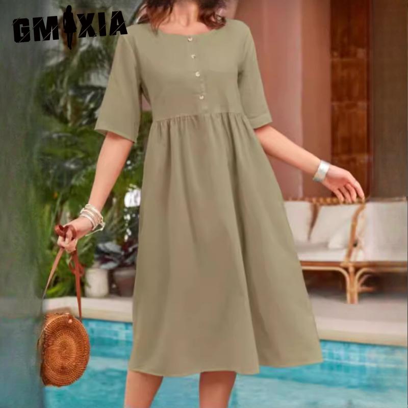 GMXIA Women's Fashion Summer Spring Solid Color Print O-Neck High Waist Casual Dresses