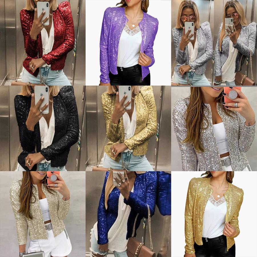 Lente Nieuwe Damesmode Opstaande Kraag Patchwork Pailletten Jas Kort Casual Veelzijdig Bovenkleding