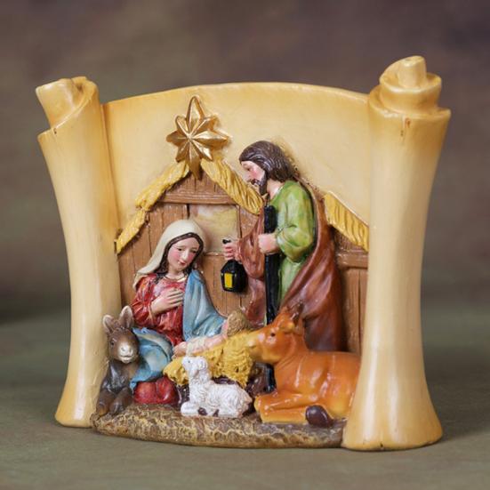 Christmas Manger Shed Statue Religious Nativity Scene Resin Stable Creche Figurine for Xmas Tabletop Decoration