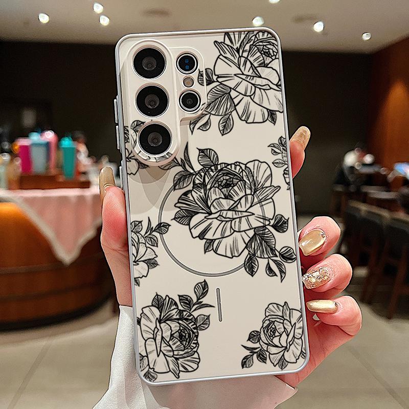 Magnetic For Magsafe Case For Samsung Galaxy S26 Ultra S25 Edge S24 Plus S23 FE S22 A54 A55 A56 5G Sketching Rose Flower Pattern Matte Cover