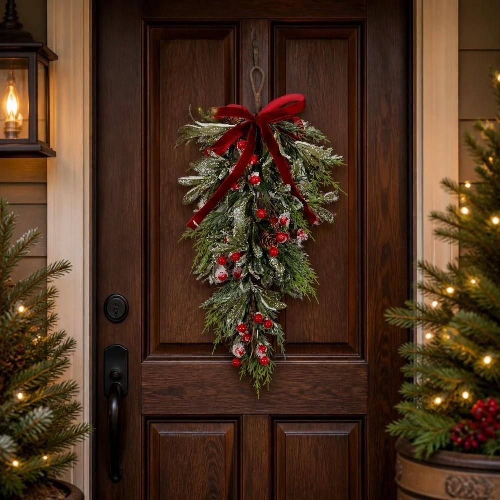 Pine Needles Artificial Christmas Wreath Teardrop Shape Christmas Hanging Decor  Party Decoration
