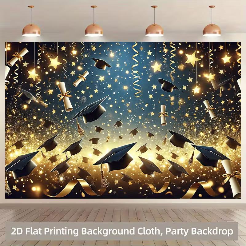 2D Class Party Backdrop Graduation Caps, Gold Stars and Streamers Party Background Cloth