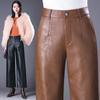 Women's High Waist Sheepskin Straight Leg Leather Pants - Slimming Nine-Point Wide Leg (Autumn/Winter 2025 Collection)