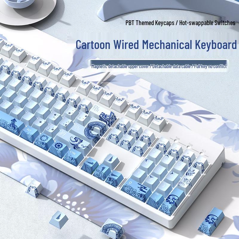 Blue & White Porcelain Wired Gaming Keyboard - 104-Key Mechanical with Blue Switches, Silent Typing, Cute Design for Girls & Office Use