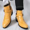 New Designer Winter Pointed Metal Chain Patent Leather Chelsea Ankle Boots For Men's Yellow Hip-hop Rock Punk High Tops Shoes
