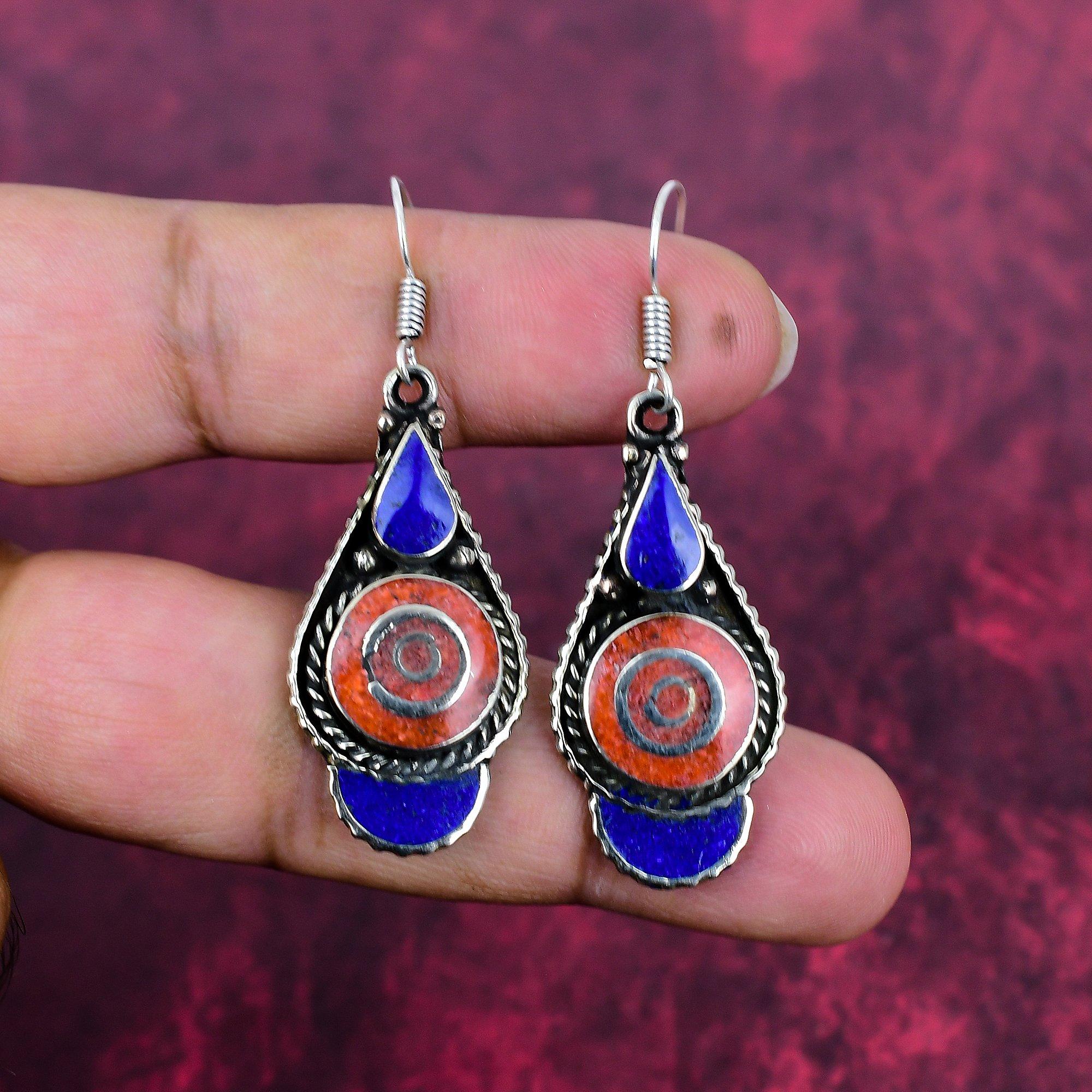 

Коралловые и лазуритовые серьги из стерлингового серебра 925 пробы, ручной работы, ювелирные изделия с драгоценными камнями, подарки для жены, совершенно новые серьги 2.08 Inches