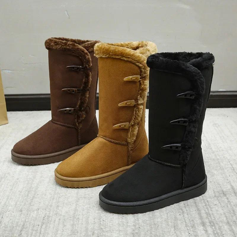 Fashion Women's Snow Boots Winter Plush Ankle Boots Warm Non-slip Platform Cold Comfort Cotton Shoes Women's Horn Buckle Cotton Boots