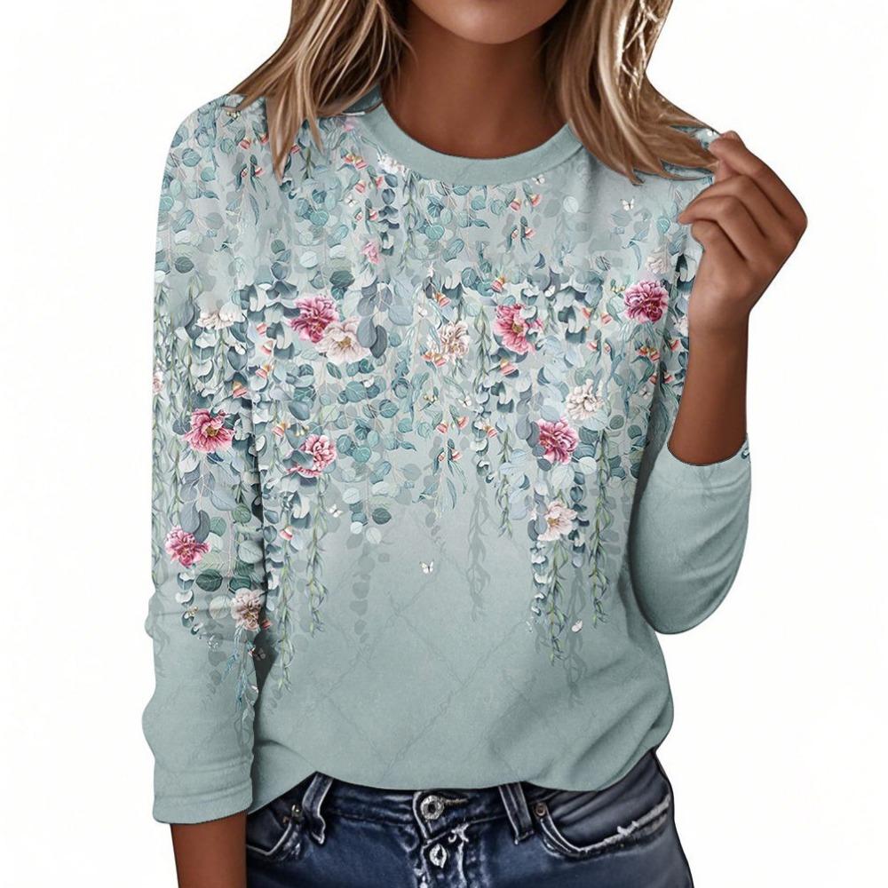 2025 Top 3D Floral Printed Women's Round Neck Long Sleeve T-shirt