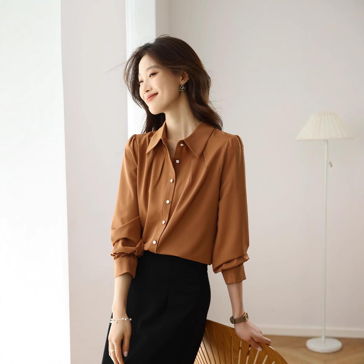 

Жіноча сорочка з важкого шовкового сатину з довгим рукавом - 2025 Весна Шовк тутового дерева Професійний топ Extra Large помаранчевий