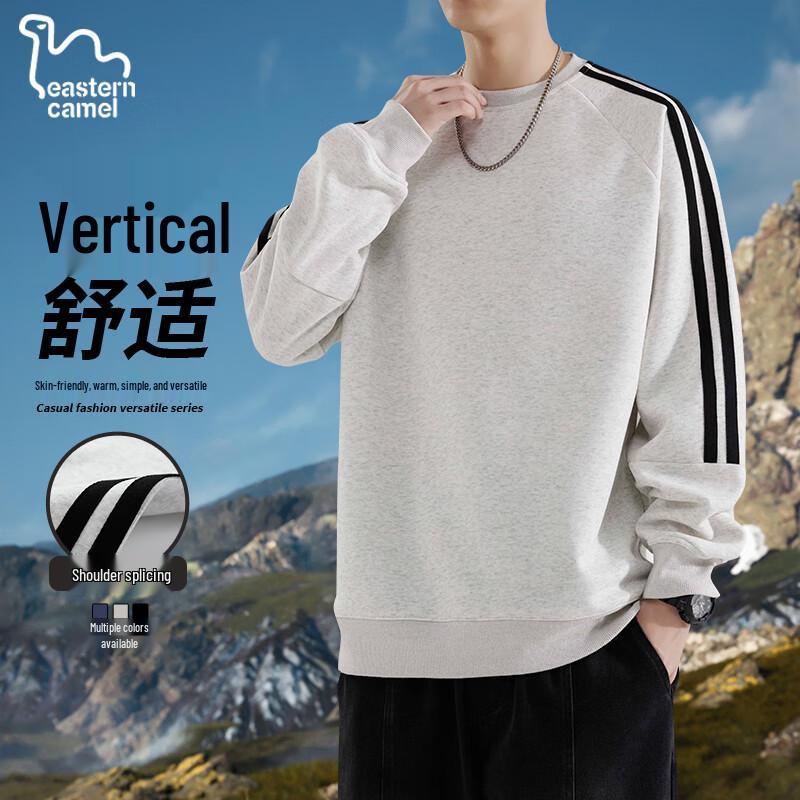 EASTERN CAMEL Men's Loose-fit Crew Neck Pullover Sweatshirt with Side Stripes