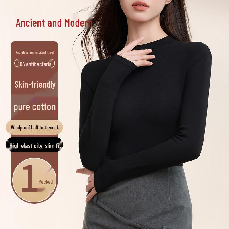 GUJIN Women's Pure Cotton Half-High Collar Long Sleeve T-Shirt