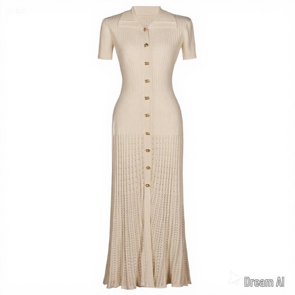 Přiléhavé evropské a americké pletené šaty s polo límečkem a rozšířenou sukní 2025 - Dámské středně dlouhé šaty se stahujícím pasem