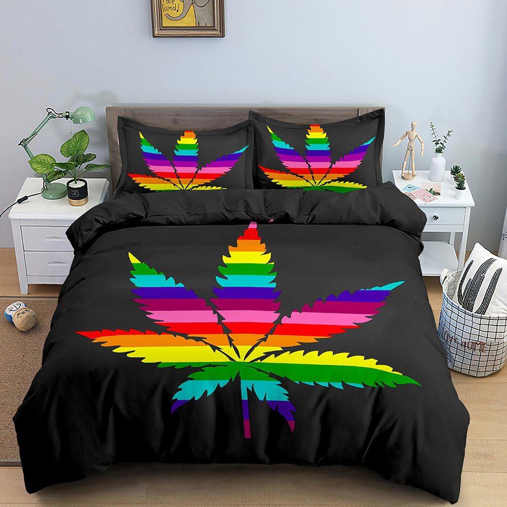 3D Digital Printing Bedding Colorful Leaf Quilt Cover Three-Piece Home Textile Model