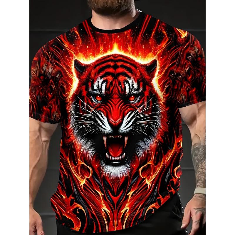 2026 Mens 3D Tiger Printed Short Sleeve Crew Neck T-Shirt Breathable Stretch Casual Fashion Tee  Party Weekend Wear Tops