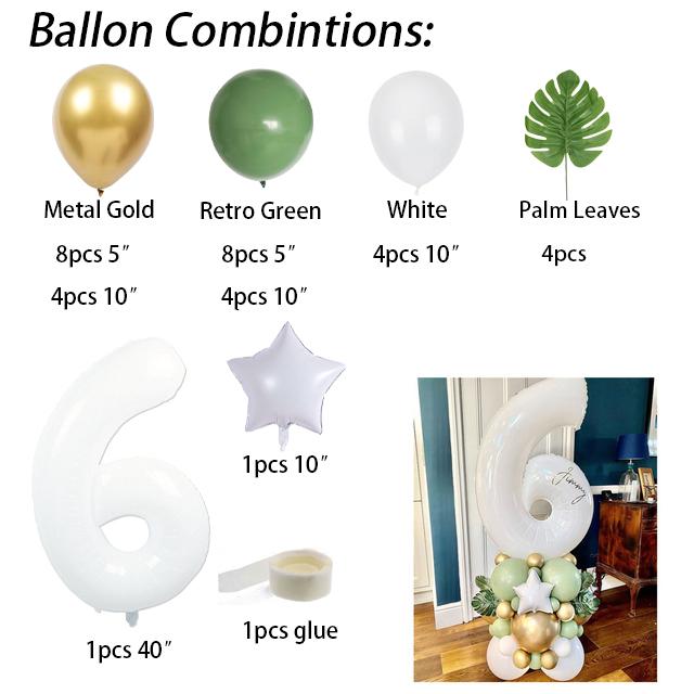 34pcs 40inch White Number Palm Leaves Retro Green Balloons Kit Kids 1 2 3th Birthday Balloons Set Baby Shower Decoration