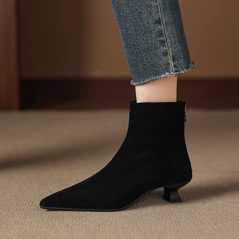 Krazing Pot Cow Suede Nubuck Winter Pointed Toe Preppy Style Stiletto Thin Med Heels Women Zip Women Ankle Boots