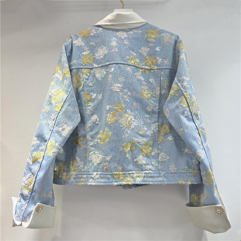 European 2026 Spring Embroidered Sequin Beaded Color Block Denim Jacket