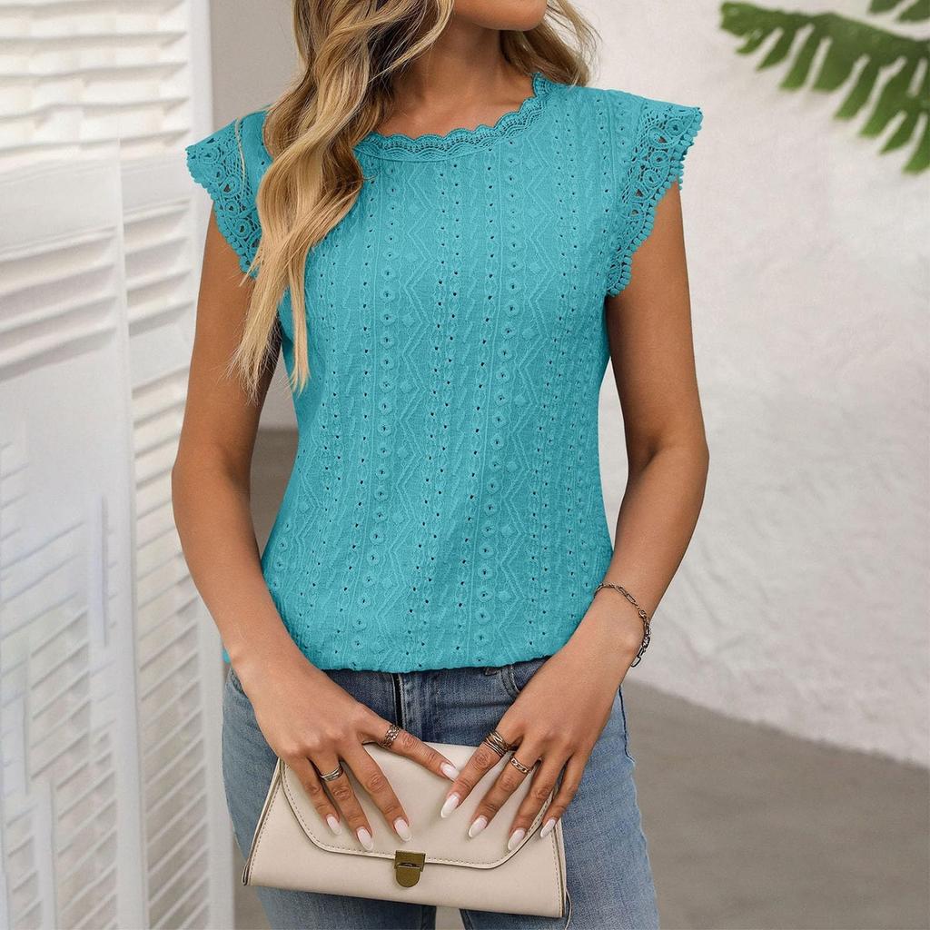 Women Color Round Neck Sleeve Lace Splicing Hollow T-shirt