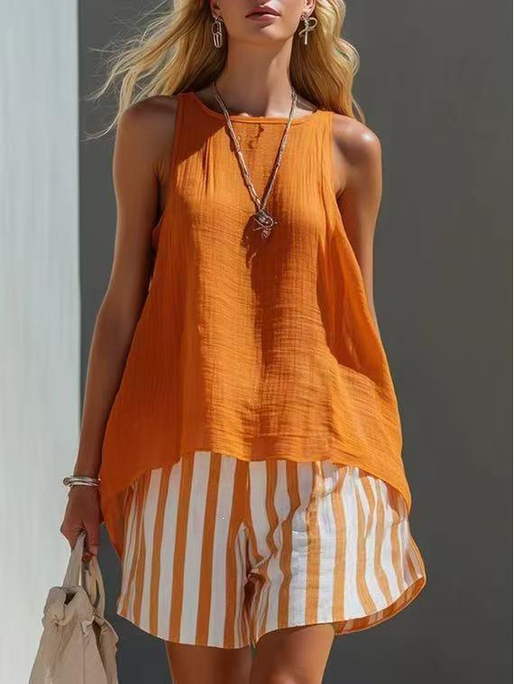 2026 cross-border new European and American style sleeveless striped suit women's summer loose casual two-piece set cross-border trendy