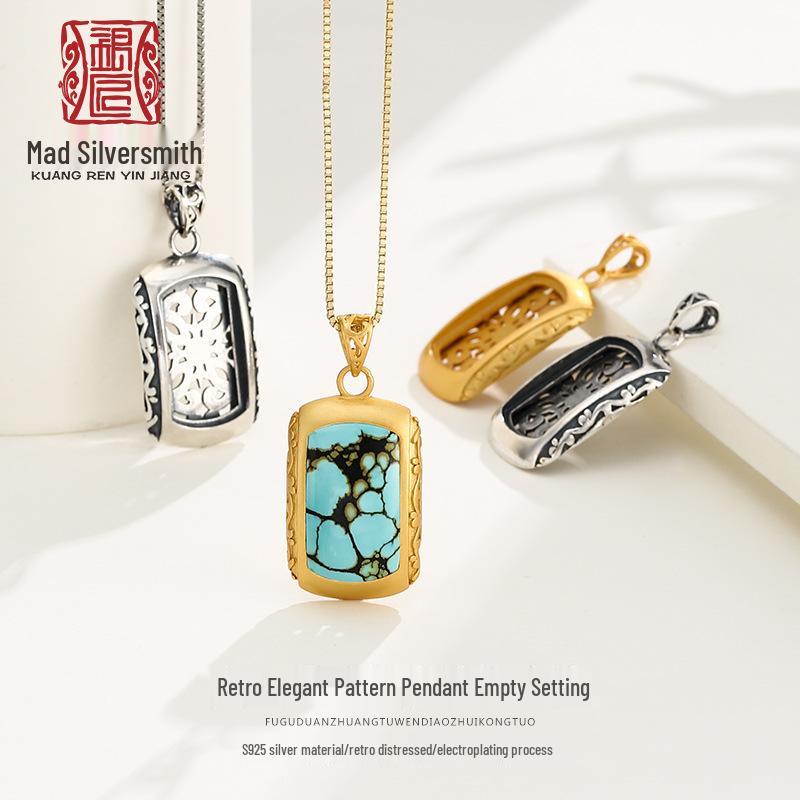 

S925 Sterling Silver Pendant Setting for DIY Inlay - Fits 12*22mm Turquoise, Amber, Beeswax - Women s Design 925 Silver
