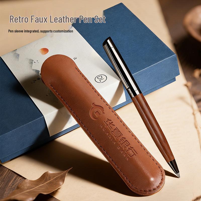 Luxury Ballpoint Pen Set with Metal and Wood, Imitation Leather Case, Custom Logo Option