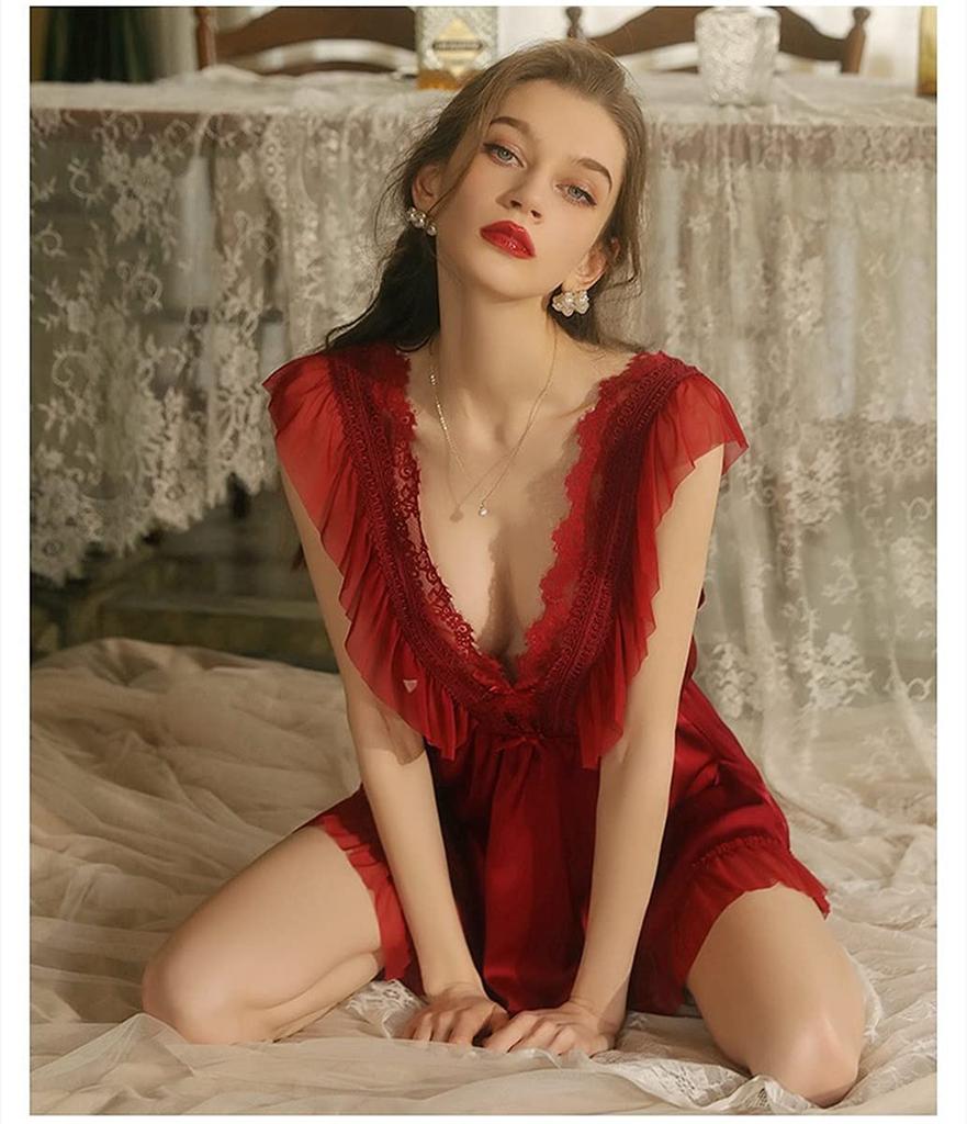 Babydoll Sexiga Underkläder Blommigt Mönster Broderad Spets Lång Topp Sexiga Underkläder Shorts Camisole Nattlinne 230503 [Loradouphi] Genomskinlig för Kvinnor