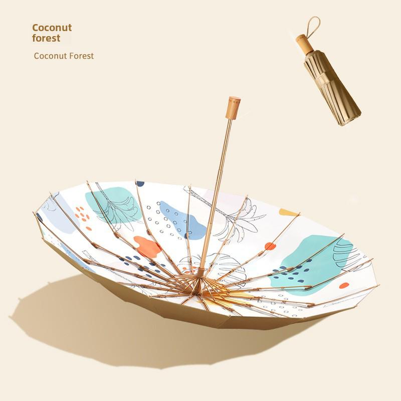 Paraply i antikk stil med 16 ribber, manuell åpning og håndtak i massivt tre, svart lim for UV-beskyttelse