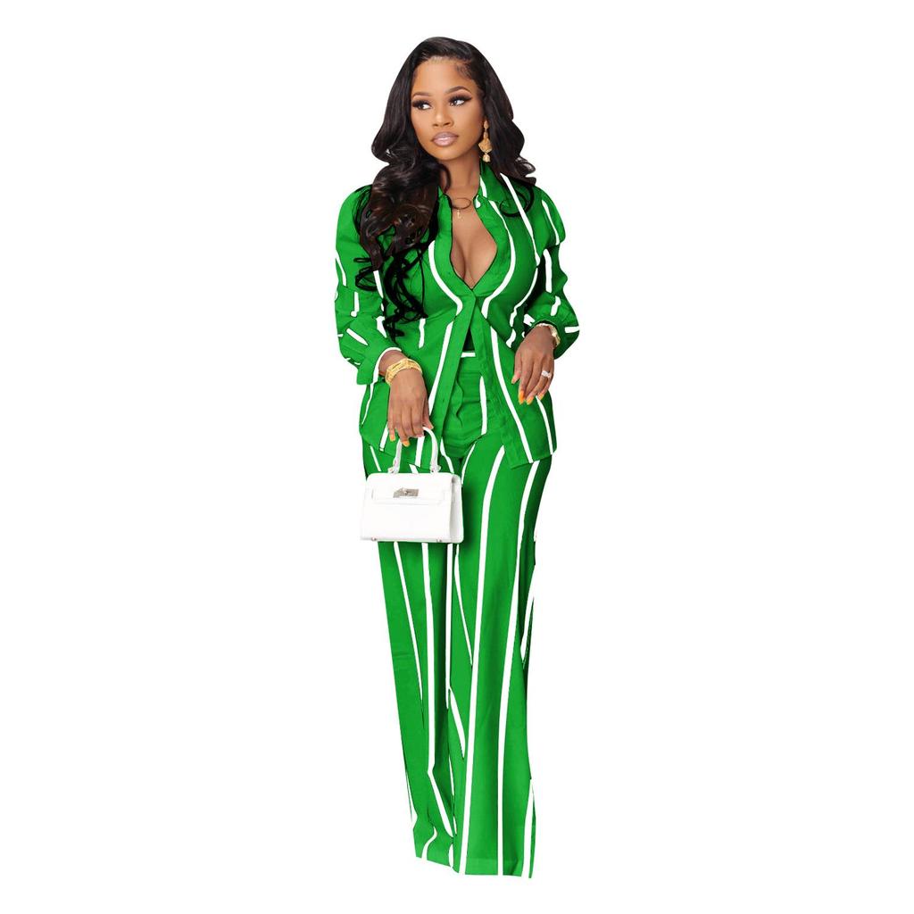 Women's Striped Printed Long-Sleeve Shirt Suit - Two-Piece Set