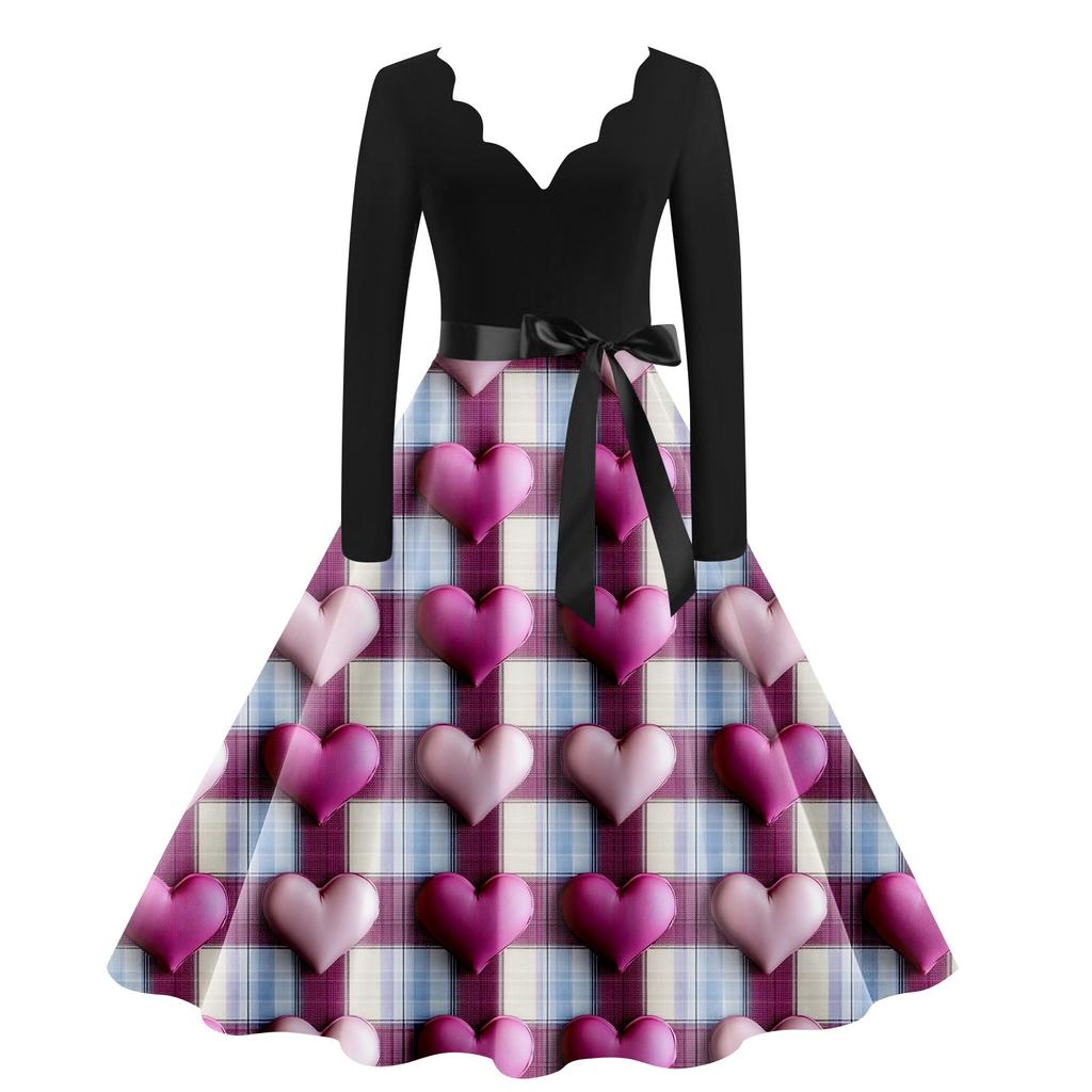 Dámské ležérní módní šaty s výstřihem do V, dlouhým rukávem, roztomilým potiskem, vintage dlouhé šaty