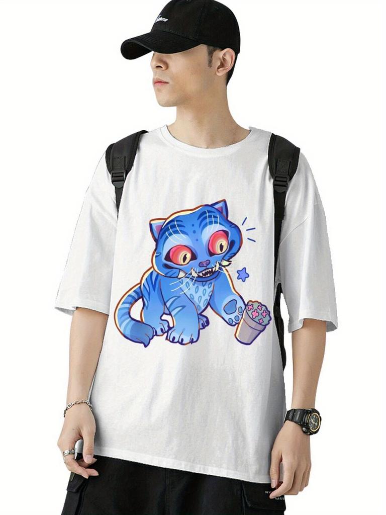 Men's Black Kpop Demon Hunter Pattern T-Shirt Blue Cat with Glowing Eyes Print Casual Loose Short Sleeve Summer New