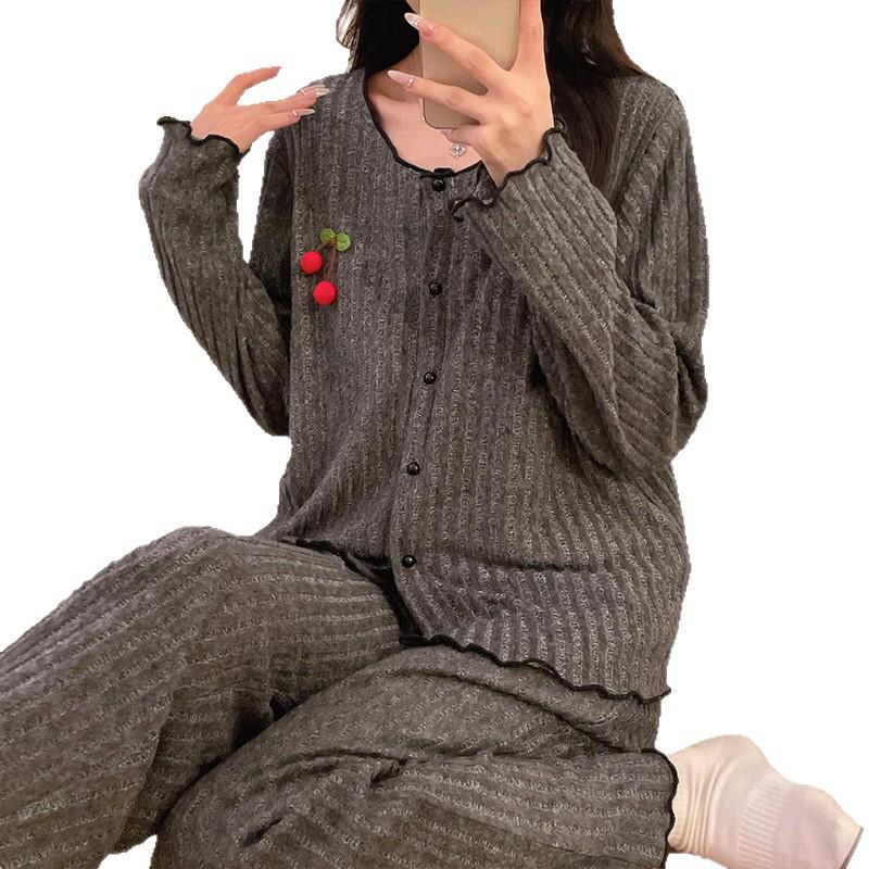 Cherry Cardigan Pajama Set: Women's Drawstring Fleece with Chest Pad - Korean-Style, Long Sleeve, Two-Piece Homewear.