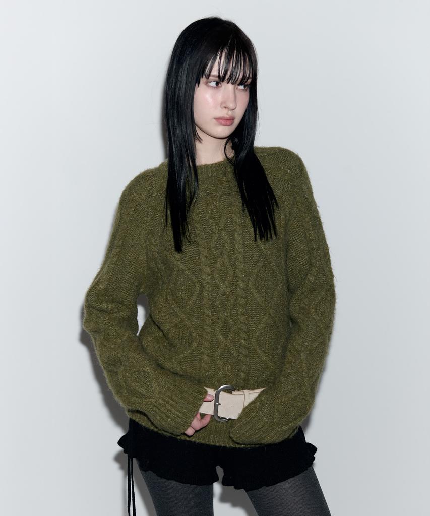 ROLAROLA Mohair Loose Fit Cable Knit Khaki