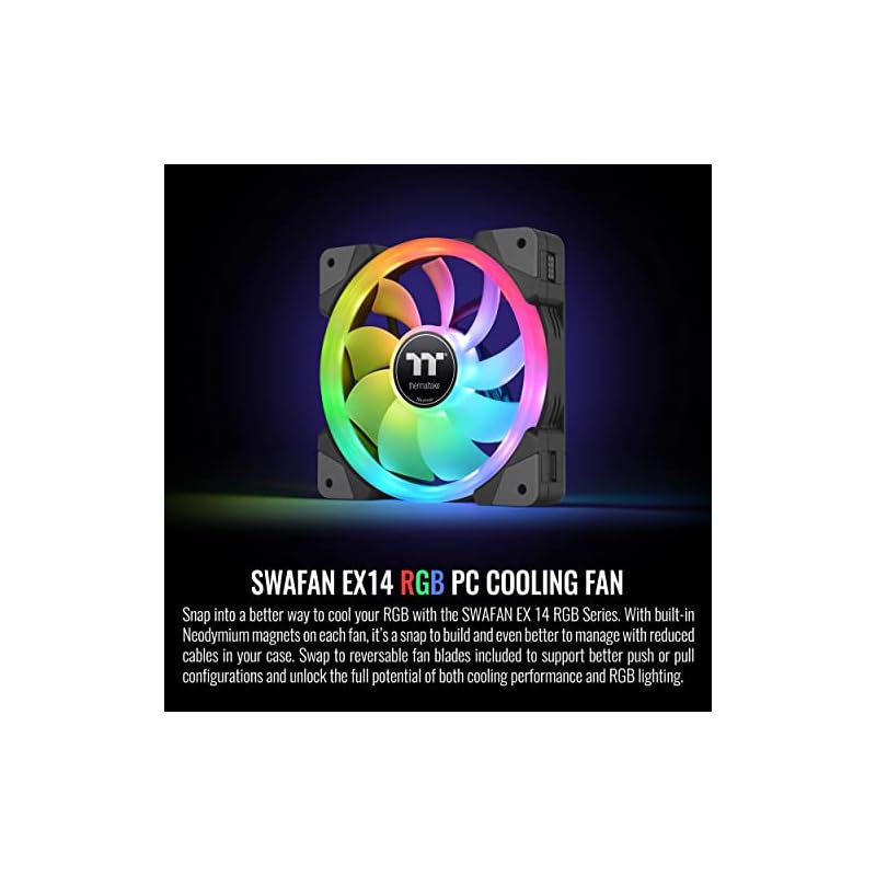 Thermaltake SWAFAN EX 14 RGB PC Cooling Fan 3-Pack, 500-2000 RPM, Magnetic Connection, Reversible Blades, with Controller, CL-F144-PL14SW-A, 140mm,