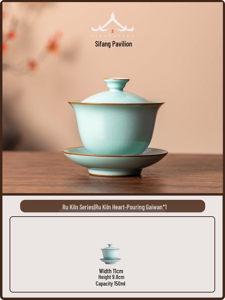 High-End Ru Kiln Ice Crackle Glaze Covered Tea Bowl - Handmade Ceramic San Cai Tea Cup 150ml