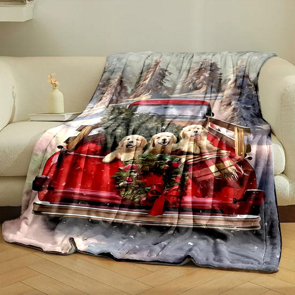 Christmas Puppy Truck Print Blanket bedroom Blanket for Livingroom Couch lunch break Soft throw for Friend's festival Gift
