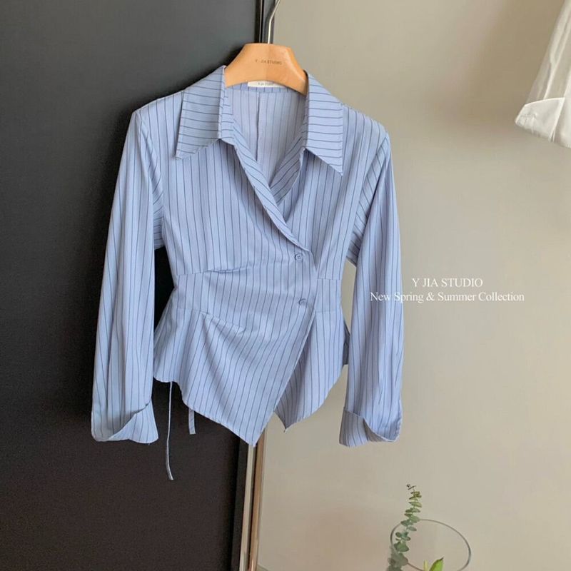 

Blue Stripes Chiffon Irregular Shirt Women s Spring and Autumn New Arrival K-style Denim Casual Fancy Chic Small Shirt Top Blue 2XL