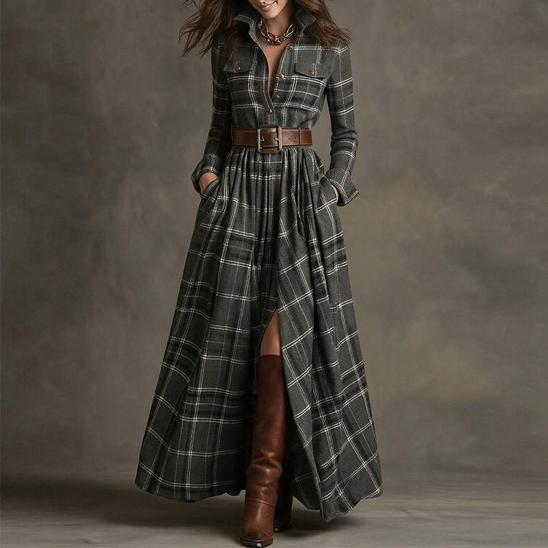 2026 Womens French Chic Midi To Maxi Dress High-Waisted A-Line With Asymmetrical Hem Striped Or Plaid Print Long Sleeve