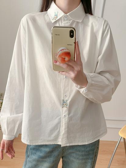 Women's Embroidered Cat Turn-Down Collar Long-Sleeve Shirt, White Pure Cotton, Slim Fit, Versatile Campus Style