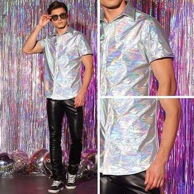Men's Shiny Metallic Shirt Short Sleeve Lapel Shirt Button-up Sparkling Disco Outfit for Stage Performance Nightclub Dance Party Bar