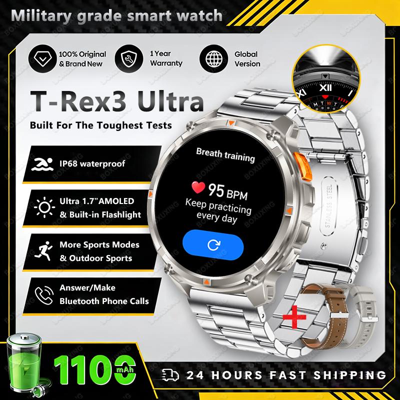 New T-Rex3 Ultra Men SmartWatch 1100mAh Battery Compass LED Flashlight Heart Rate Sports Track IP68 Waterproof Smartwatches