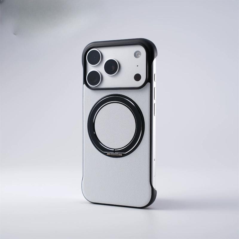 model of frameless leather grain ring holder Magnetic Case For iPhone17 Pro Max 16 15 14 Magsafe Thin Heat Hissipation Cover