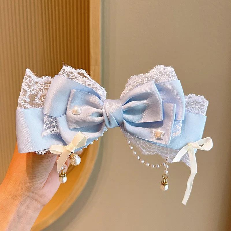 Lolita Bow Lace Hair Clip - Handmade Pearl Accented Cosplay Headwear | Women's Lolita Style Hair Accessories pink