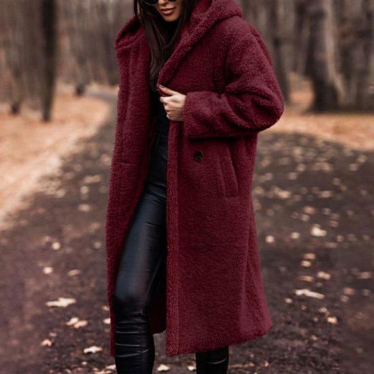 Winter Plush Hooded Long Coat Women Solid Color Long Sleeve Autumn Single Button