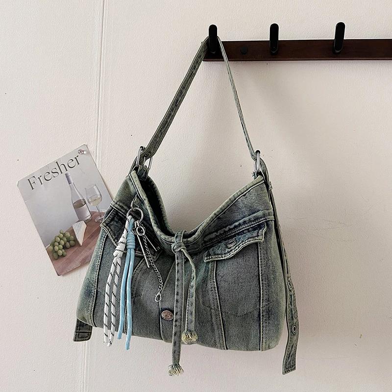 Punk Rock Solid Denim Crossbody Bags Ccise Festival Essential for Ccerts & Travel Trendy High Capacity Commuter Travel Bag