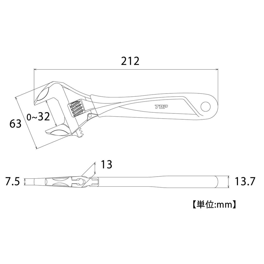 TOP Industrial Adjustable Work Opening Black Made In Japan (TOP) Zero-Backlash Wrench, Wide, 0-32mm, Grip, HM-32MGBK, Tsubame-Sanjo,